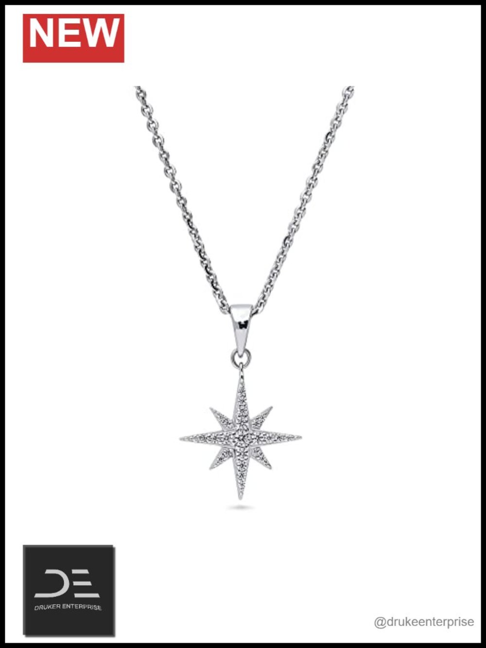 Sterling Silver CZ Crescent Moon North Star Pendant Necklace 18"